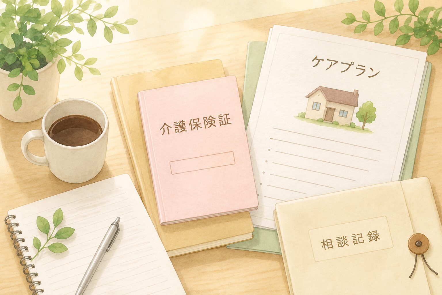 ケアマネジャーの変更や介護相談をイメージした書類とノートのイラスト
