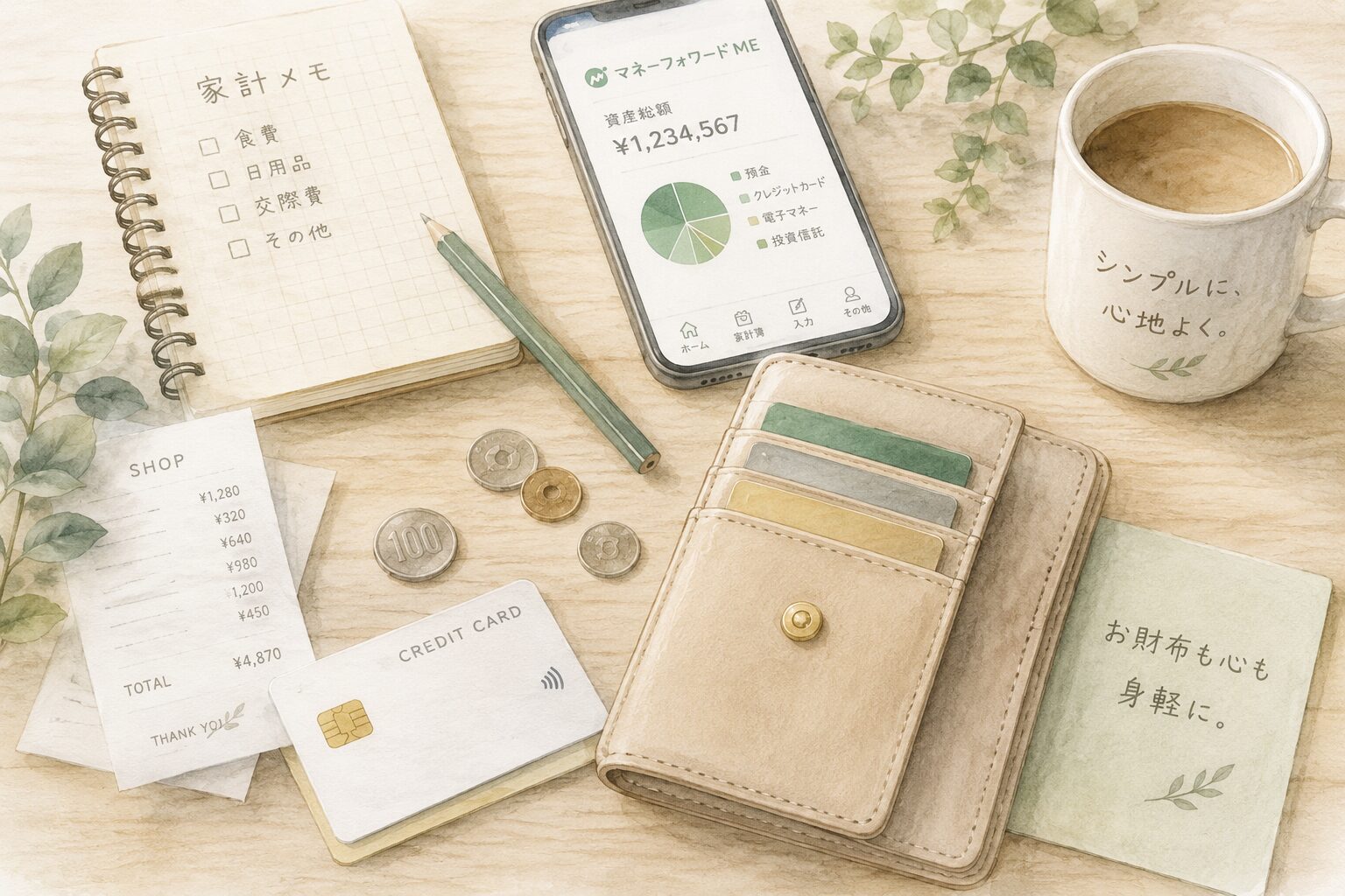 財布やクレジットカード、レシートを並べた50代の家計管理とお財布の断捨離をイメージした水彩イラスト