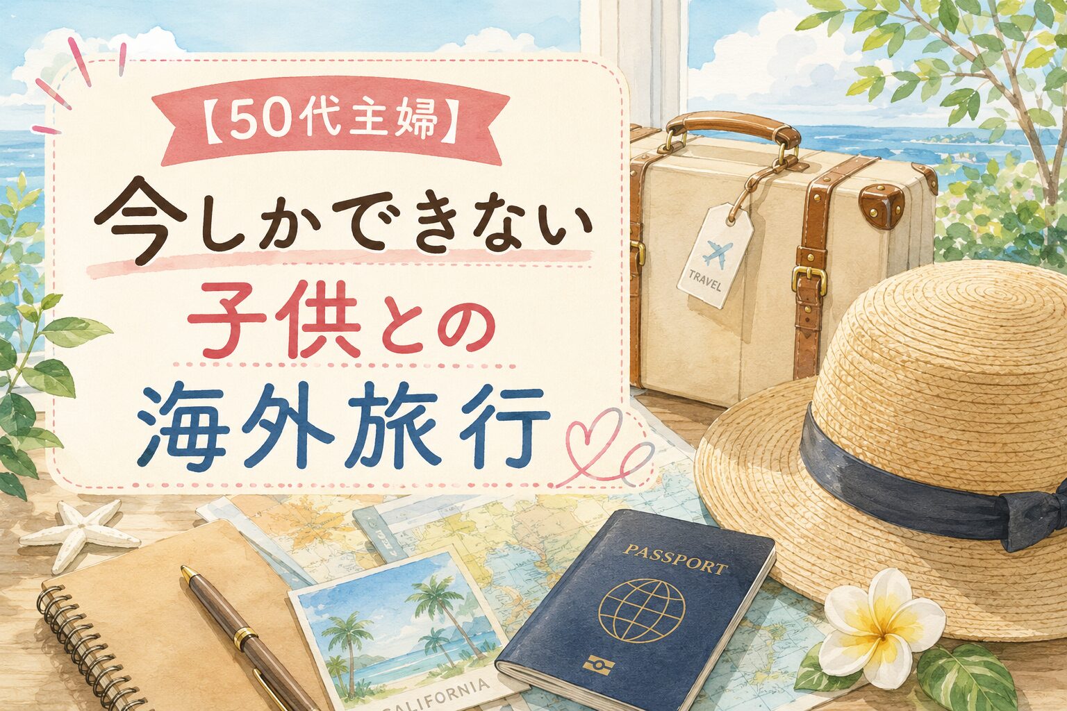 大学生の子供と海外旅行へ行き、家族との時間の大切さを感じた50代主婦の暮らしをイメージしたイラスト