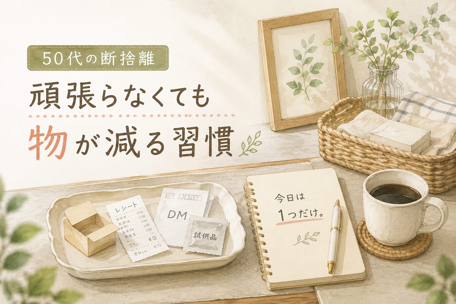 50代の断捨離｜頑張らなくても物が減る習慣をイメージした水彩風イラスト