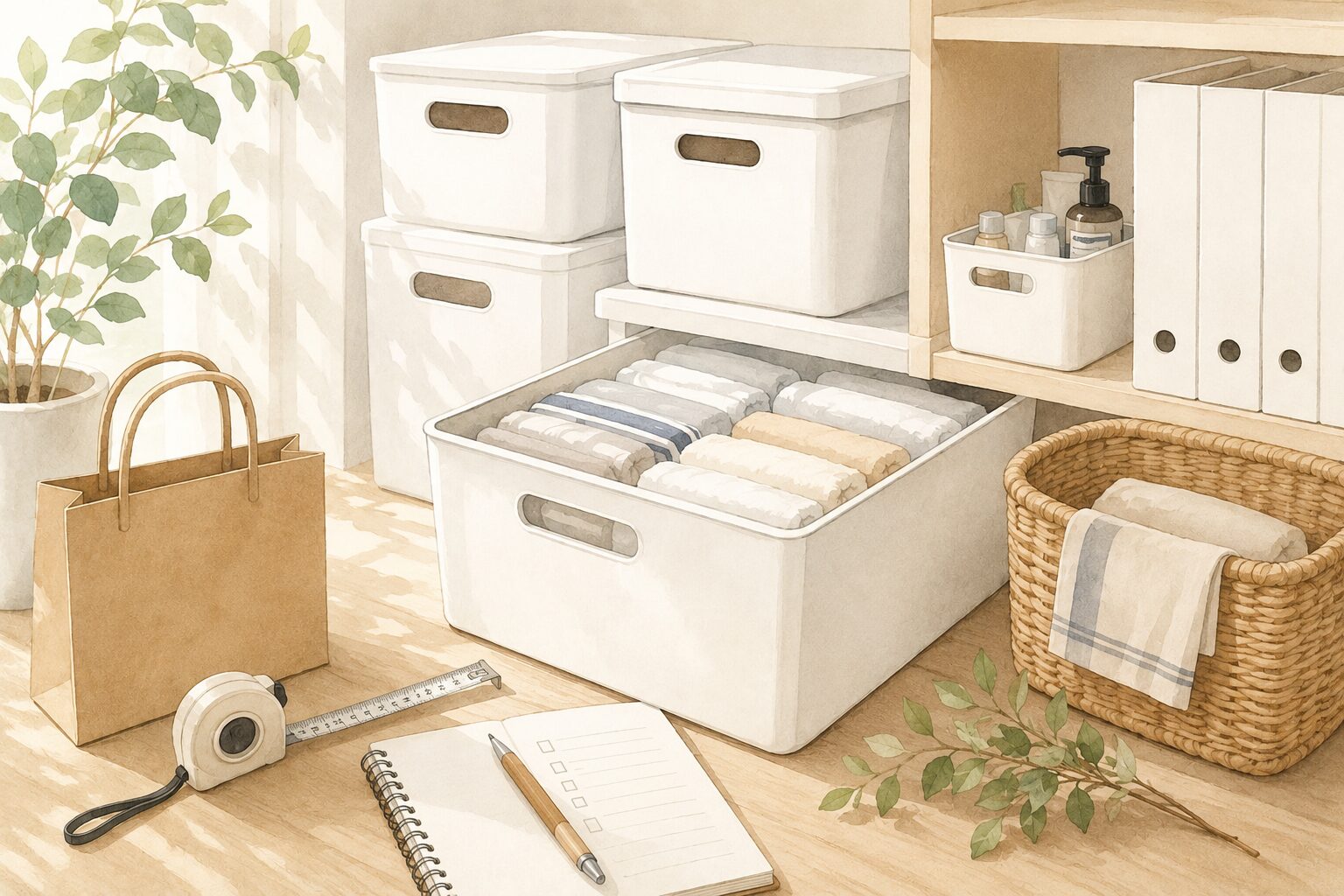 収納ケースを買う前に片付けを進める50代の暮らしをイメージしたイラスト